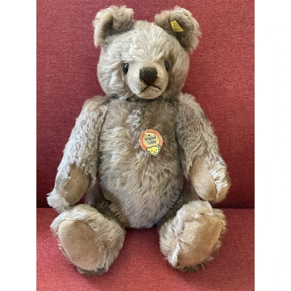 Vintage Steiff Original Teddy brown mohair bear plush hang tag button 202 41 EUC